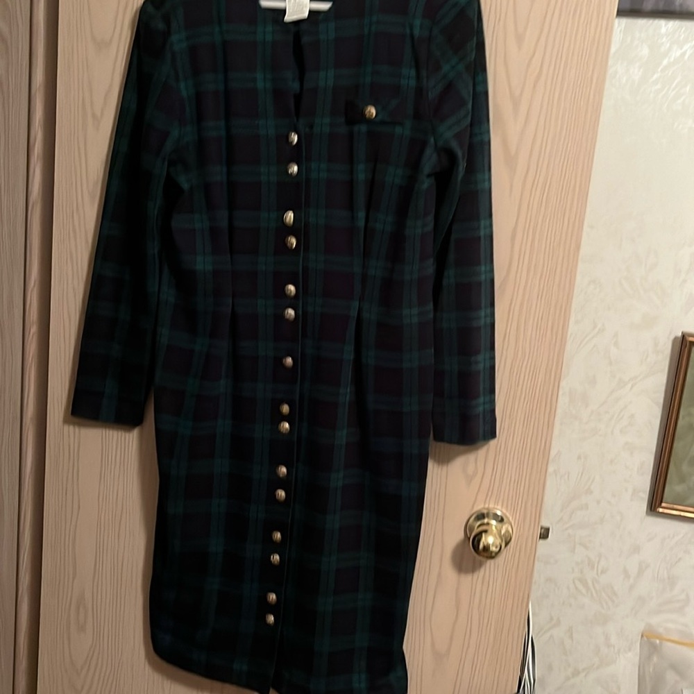 Plaid Long Sleeve Button-Front Dress in Dark Green and Navy